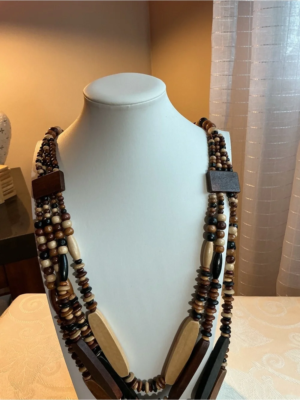 Multi-Strand Wooden Bead Statement Necklace and Wood Bangles